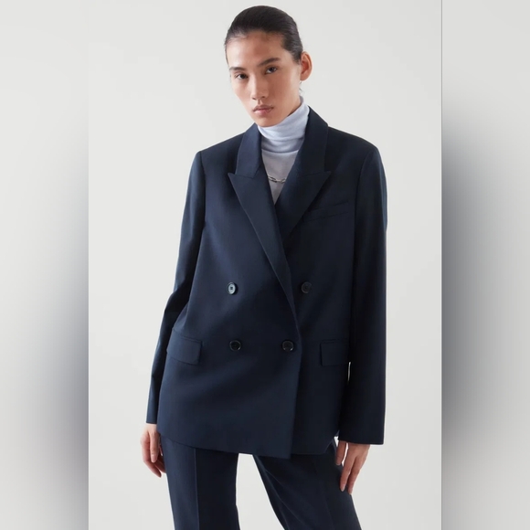 COS Jackets & Blazers - COS Regular-Fit Double-Breasted Wool Blazer Navy